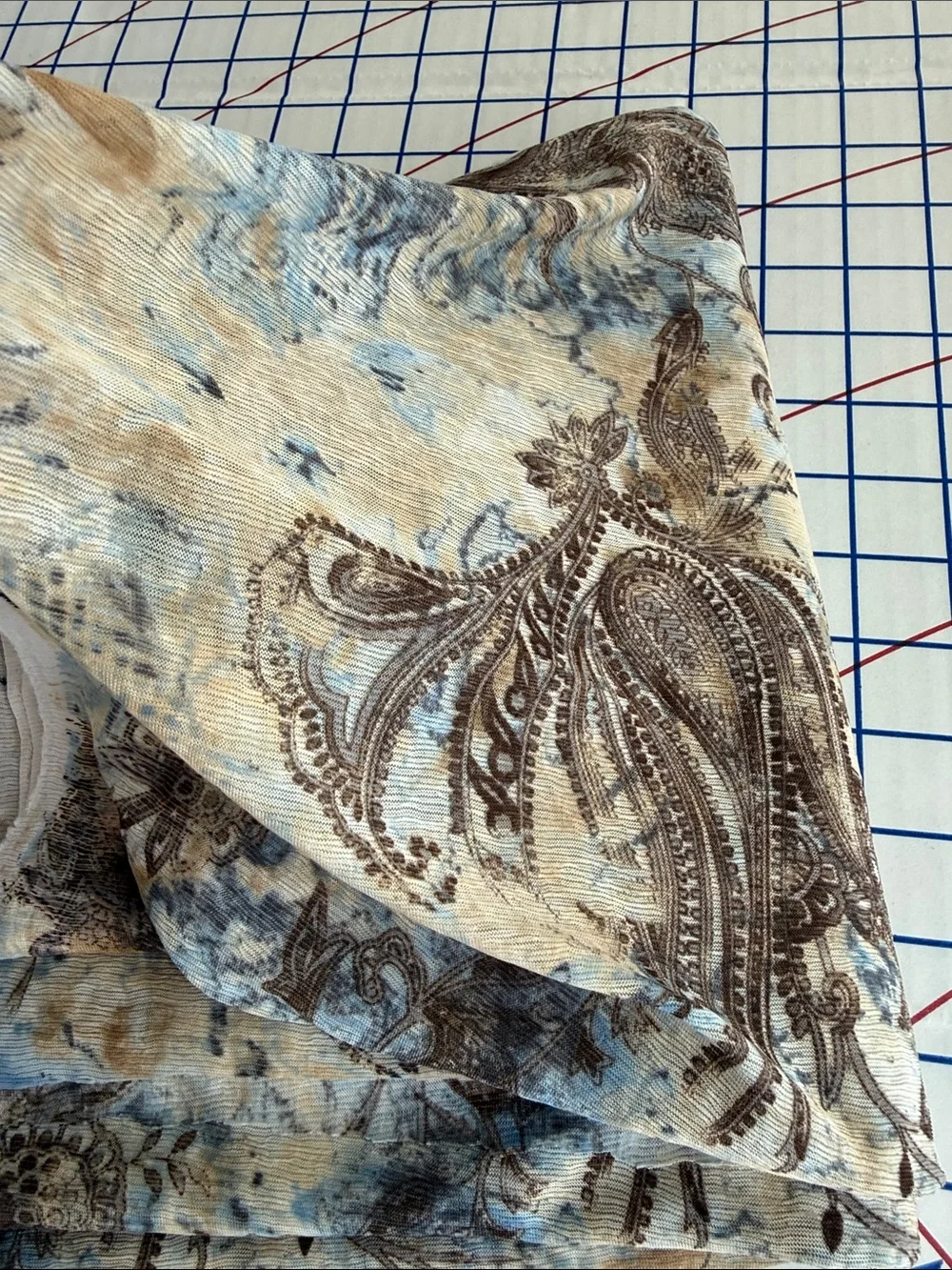 Textured Crepe Knit Fabric Blue Brown Paisley Boho 2.5 Yards x 58